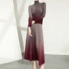 Fast Delivery Clothing Pleat Printed Gradient Color Women 2 Pieces Set Long-sleeve Shirt and Printed Long Pleated Skirt Set