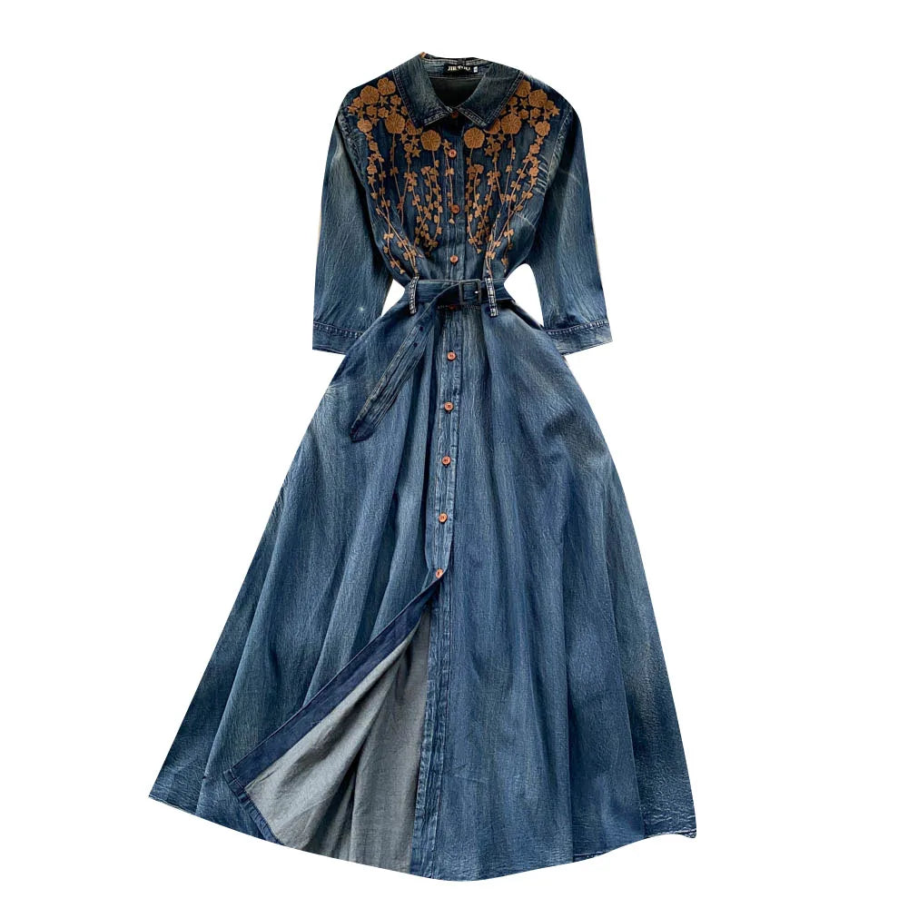 Long Sleeve O-Neck Solid A-Line Dress Autumn Embroidery Denim High Waist Maxi Dress Ladies Casual Dress Clothes Women Wholesale
