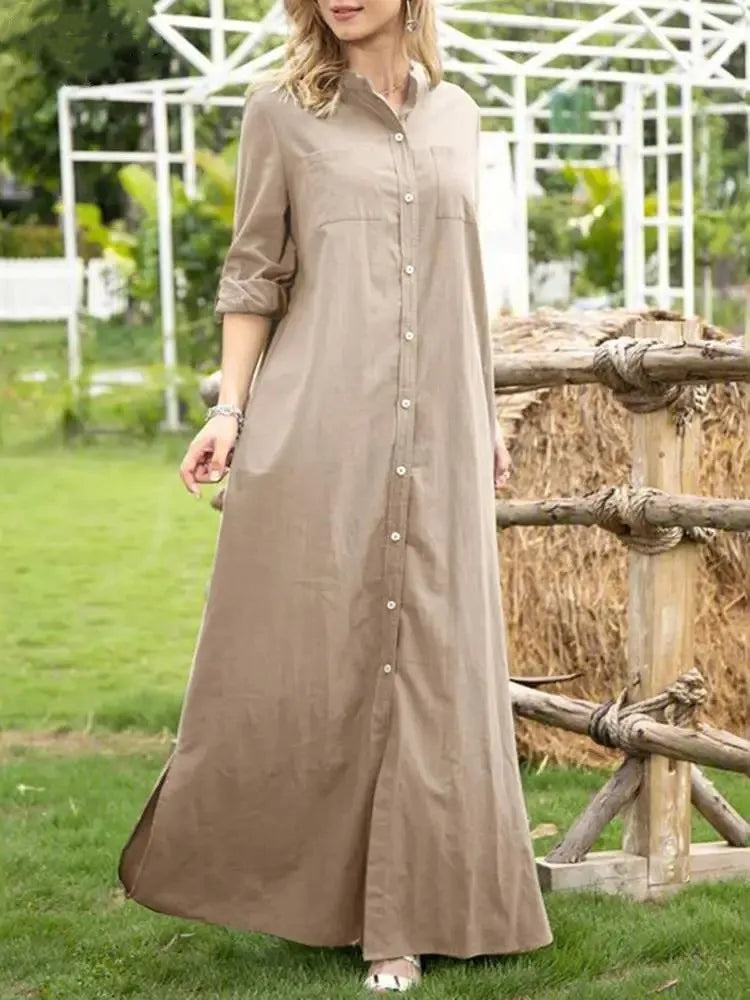 Women Dress 2025 Plain Color Stand Neck Long Sleeve Dresses Women Casual Oversized Loose Maxi Dress Ladies Women Plus Size