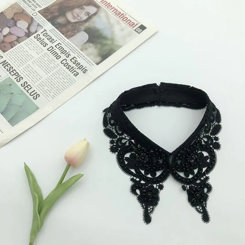 LHY Fashion Detachable Peter Pan Fake Collar for Women Choker Necklace Beaded Pearl Rhinestone Lace Applique Accessory