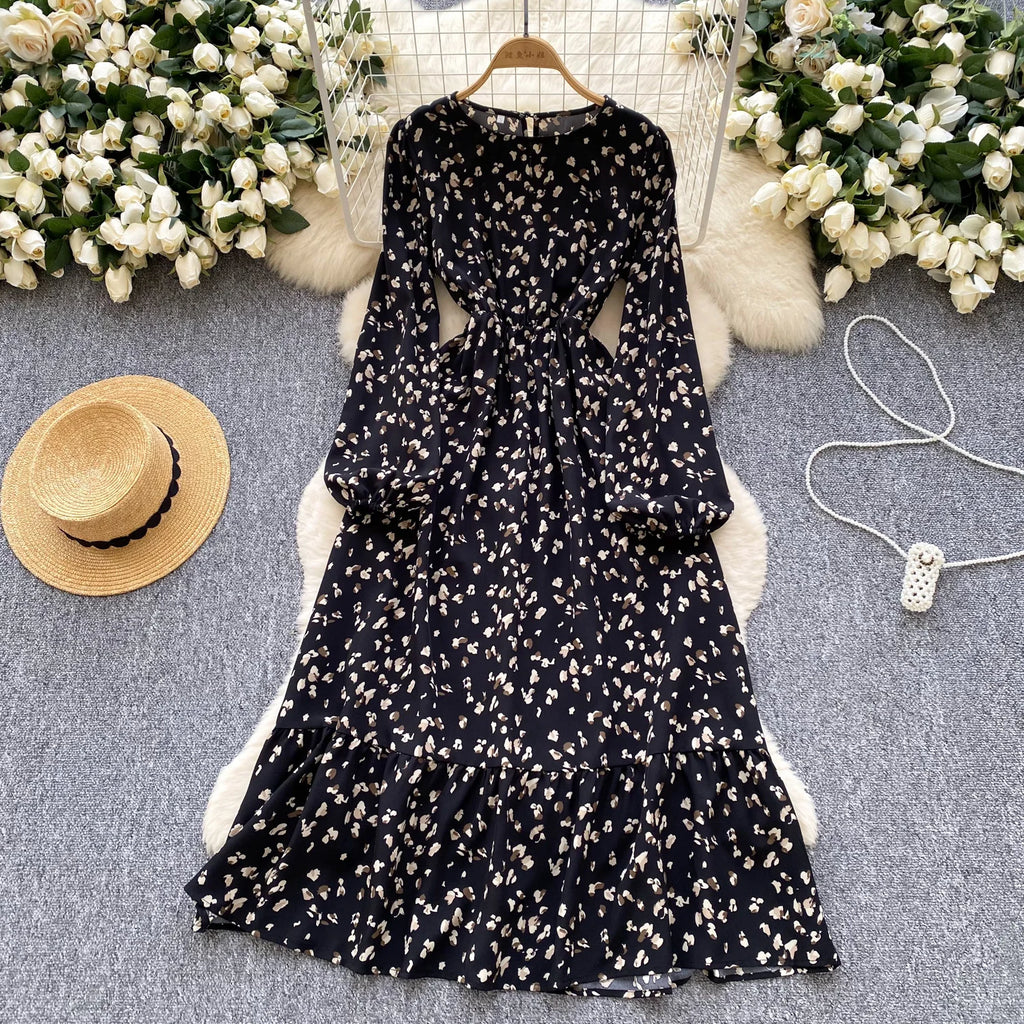 Spring Roman O-Neck Tunic Slim Casual Midi Dress For Women Lantern Sleeve High Elastic Waist Floral Ruffled Lace Dress