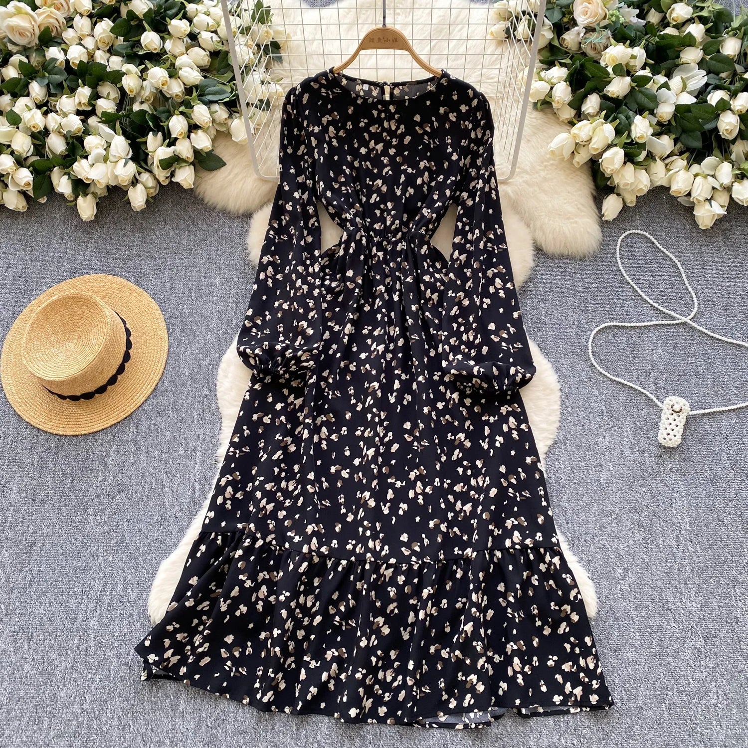 Spring Roman O-Neck Tunic Slim Casual Midi Dress For Women Lantern Sleeve High Elastic Waist Floral Ruffled Lace Dress