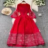 O-Neck Pleated Midi Dress For Women Flare Sleeve Empire Lace Vestidos