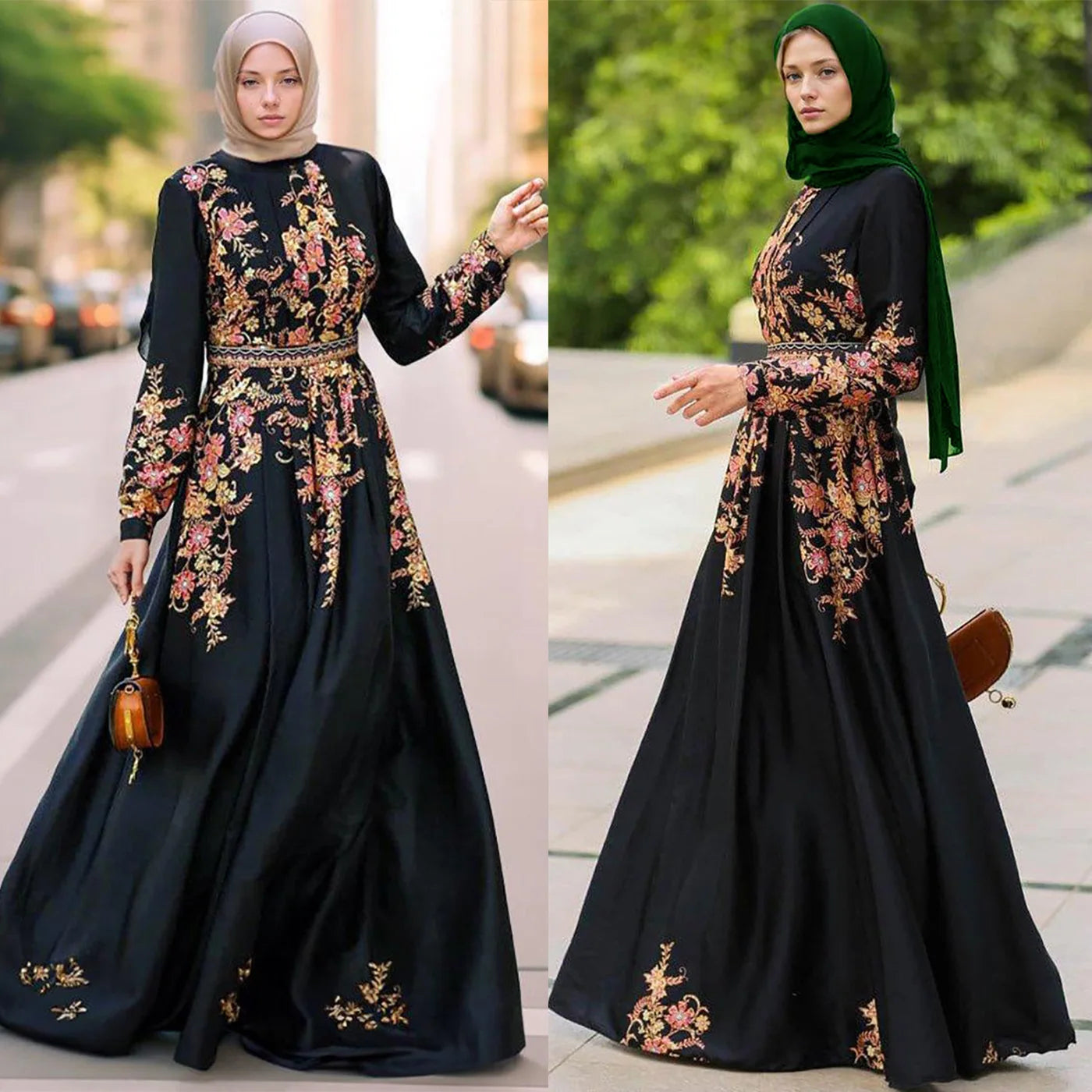 M255# Winter Adults Muslim Women's Black Floral Maxi Dress Polyester Abaya Middle East Long Dress Positioning Flower Design