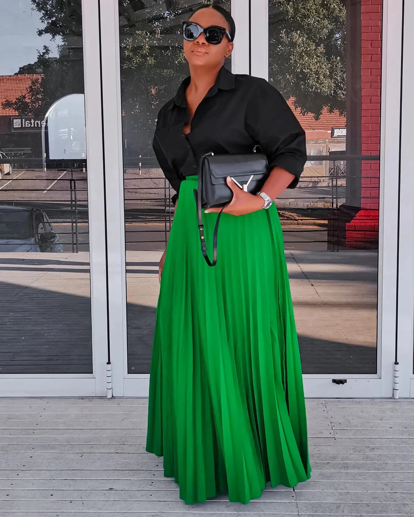 Solid High-Waist Pleated Skirt