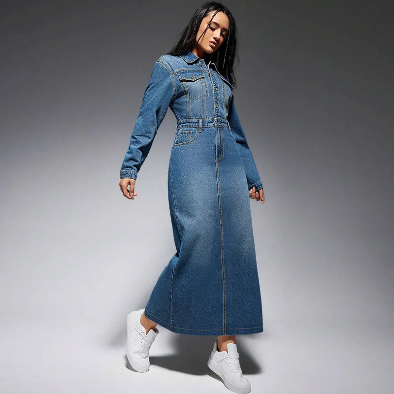 Y218616 Trendy Plus Size Jeans Dresses Women Casual Lapel Long Sleeve Button Slit Denim Dresses for Women Maxi Dress Ladies