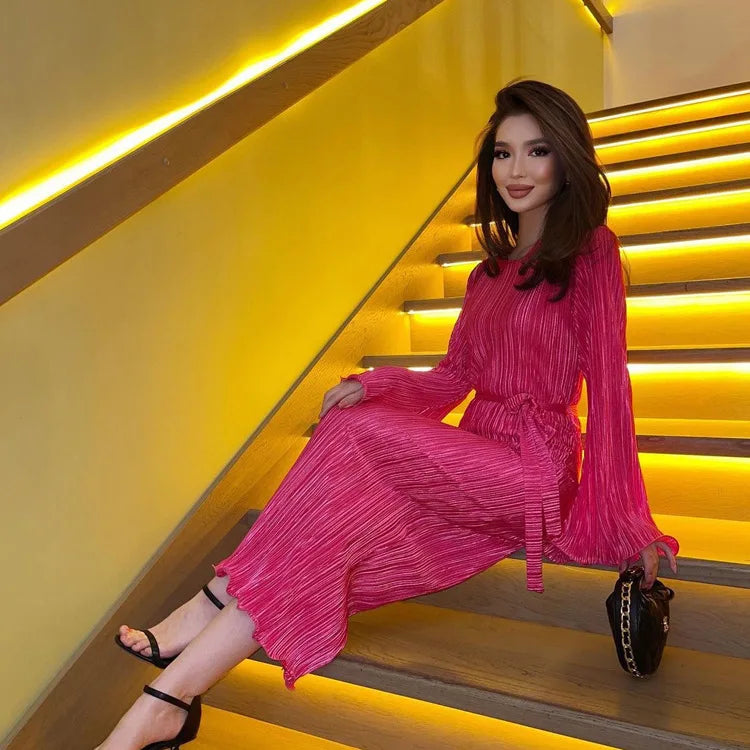 Enyami Boutique Elegance Fall Winter Flare Sleeve Pleated Lace-up Basic Robe Plisse Casual Elegant Chic Women Dress