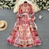 Spring Stand Collar Tunic Casual Midi Dress For Women Lantern Sleeve Empire Printed Lace Dress