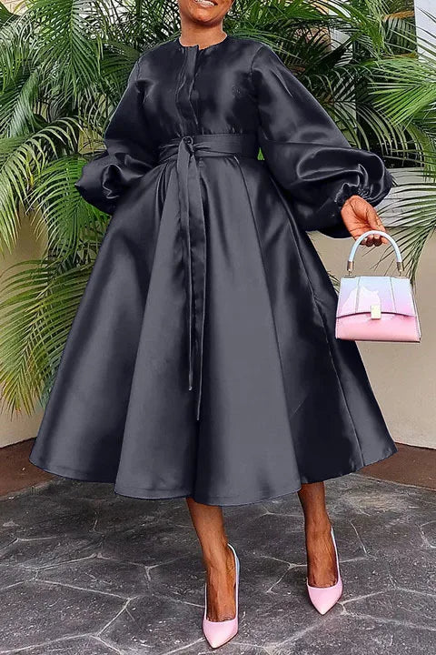 Women Satin Casual Fashion Lantern Sleeve Dress Belted Button a Line Long Dresses Flowy Maxi Dress