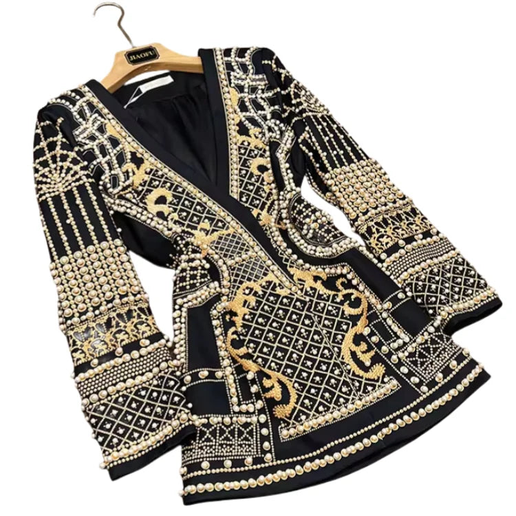 Fine Workmanship Luxury Beads Women Blaze rRetro Printed V-neckline Hidden Snap Ladys Fall Winter Blazer