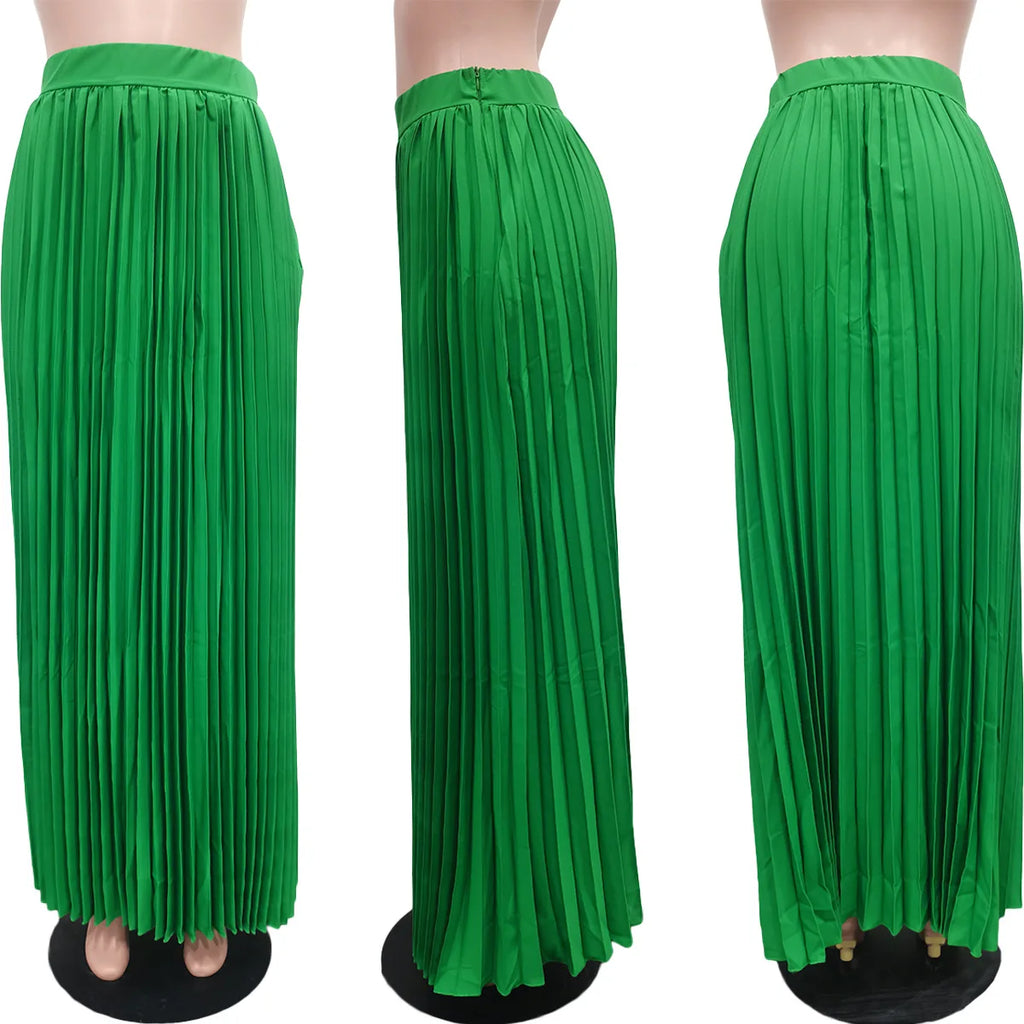 Solid High-Waist Pleated Skirt