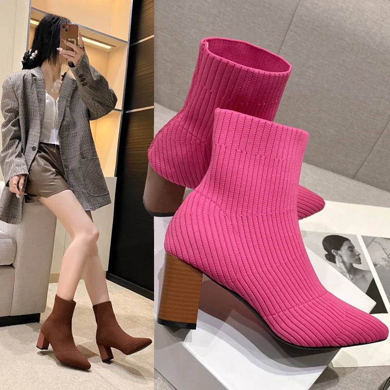 Stretch Faux Suede Pointed Toe Ankle Boots