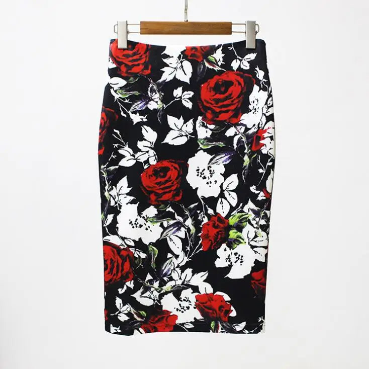 Fashion Midi Skirt For Women Flora Printed High Waist Pencil Skirt Female Causal Flower Bodycon Skirt With Slit