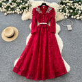 Autumn Casual Maxi Dress Women Lantern Sleeve Empire Hollow Out Ruffled Mesh Dress