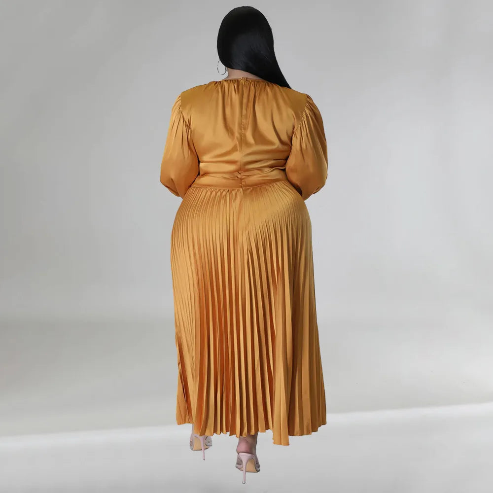 N7729 Best Selling Plus Size Womens Dresses Solid Color O-Neck Long Sleeve A-line Maxi Dress Ladies Pleated Dress