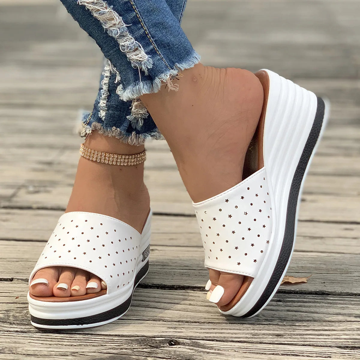 Summer Women Fashion Solid Color Slippers Slope Heel PU Leather Thick High Heel Sandals Shoes Straight Shaped Casual Slippers