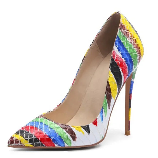 Super High-heeled Women  Shoes Colorful Graffiti Pointed Toe Stiletto Shoes Fashion Night Club Pumps