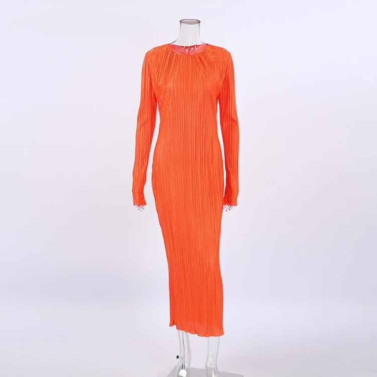 Enyami Spring Collection Plisse Casual Dresses Women Robe Elegance Long Sleeve Pleated Basic Orange Bodycon Maxi Dress
