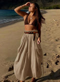 Khaki Cargo Maxi Skirt for Women High Waist Pocketed Beach Long Skirt with Belt