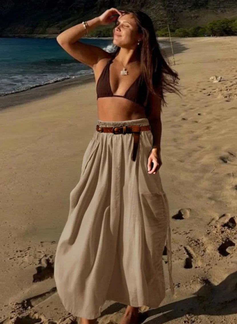 Khaki Cargo Maxi Skirt for Women High Waist Pocketed Beach Long Skirt with Belt