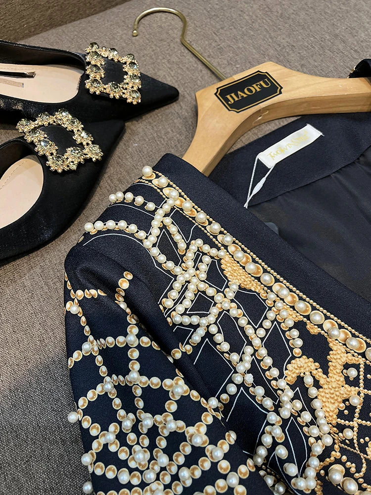 Fine Workmanship Luxury Beads Women Blaze rRetro Printed V-neckline Hidden Snap Ladys Fall Winter Blazer