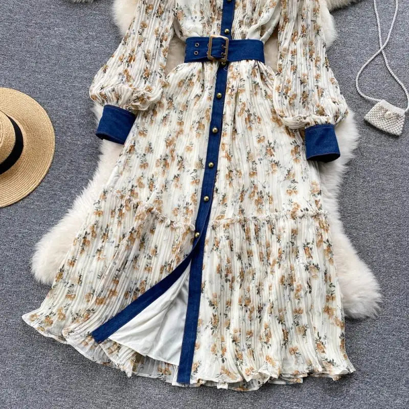 Long Sleeve Stand Collar Print A-Line Dress Vintage Chiffon High Waist Maxi Dress Ladies Casual Dress Clothes Women Wholesale