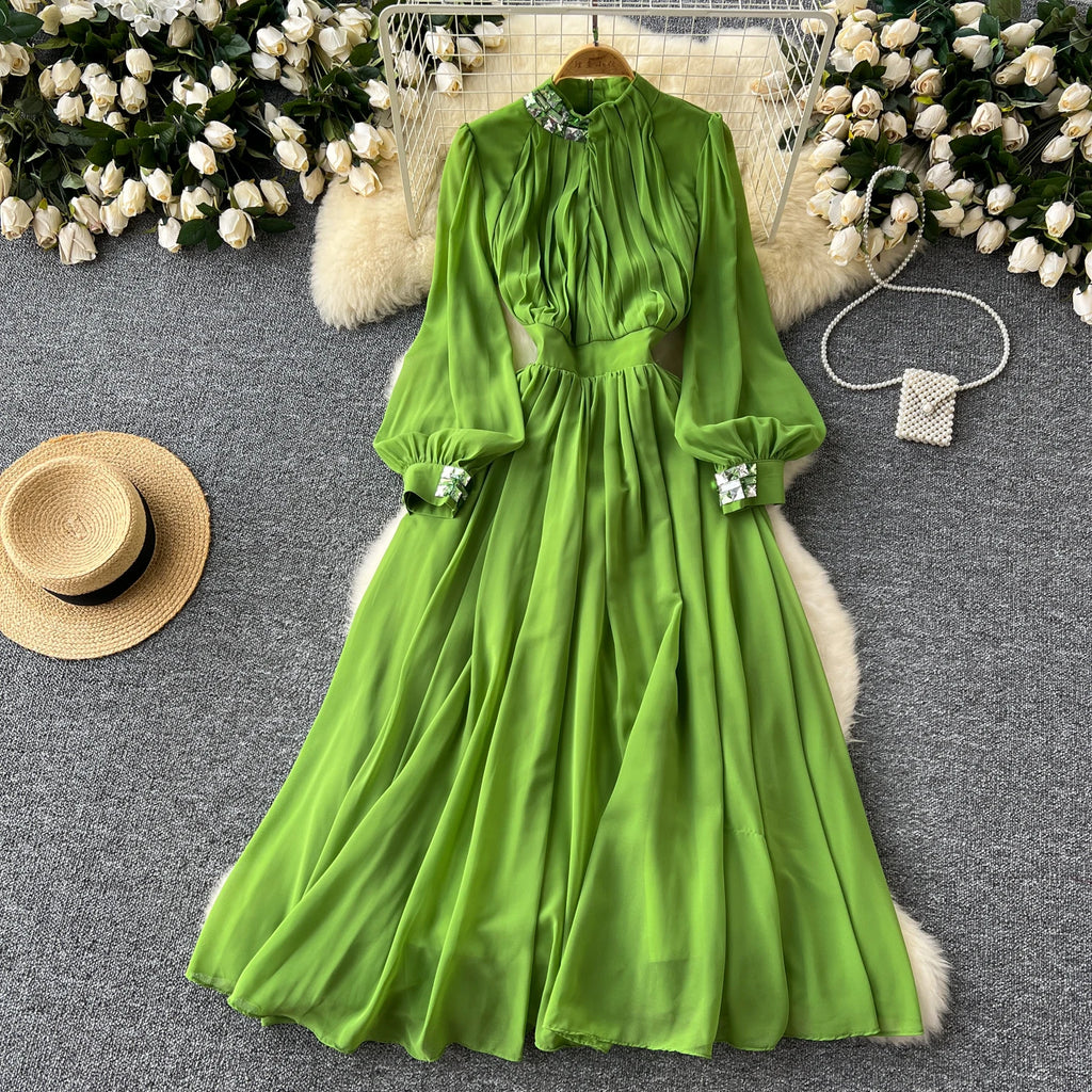 Roman Stand Collar Tunic Slim Pleated Midi Dress For Women Empire Lace Dress