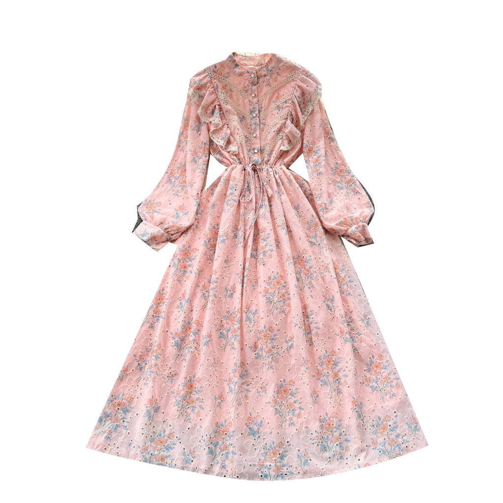 Spring Roman Tunic Casual Midi Dress For Women Empire Floral Hollow Out Lace Dress