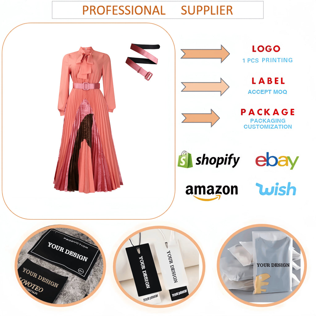 D547 Plus Size Women Party Dresses Women Lace up Long Sleeve Color Blocking Elegant Pleated Maxi Dress for Ladies