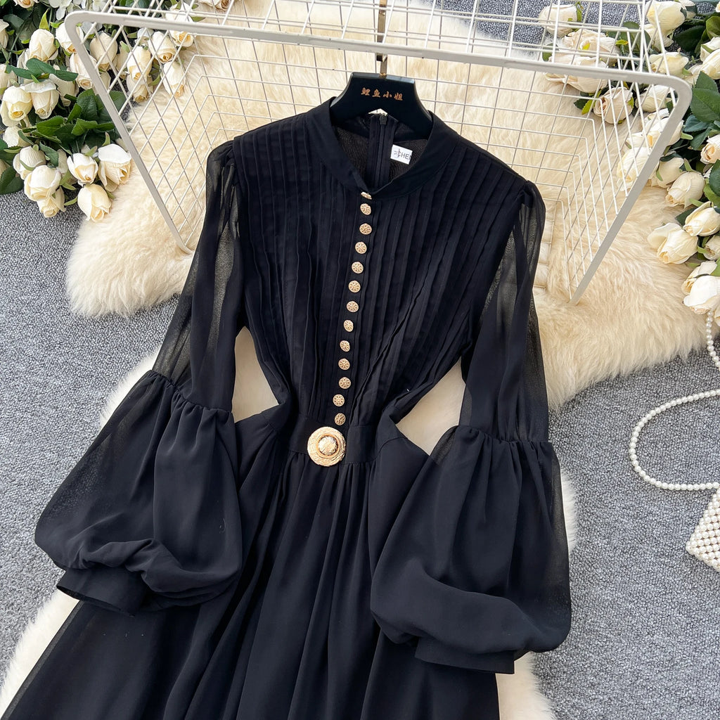 2025 Spring Roman Tunic Slim Casual Midi Dress For Women Lantern Sleeve Empire Lace Dress