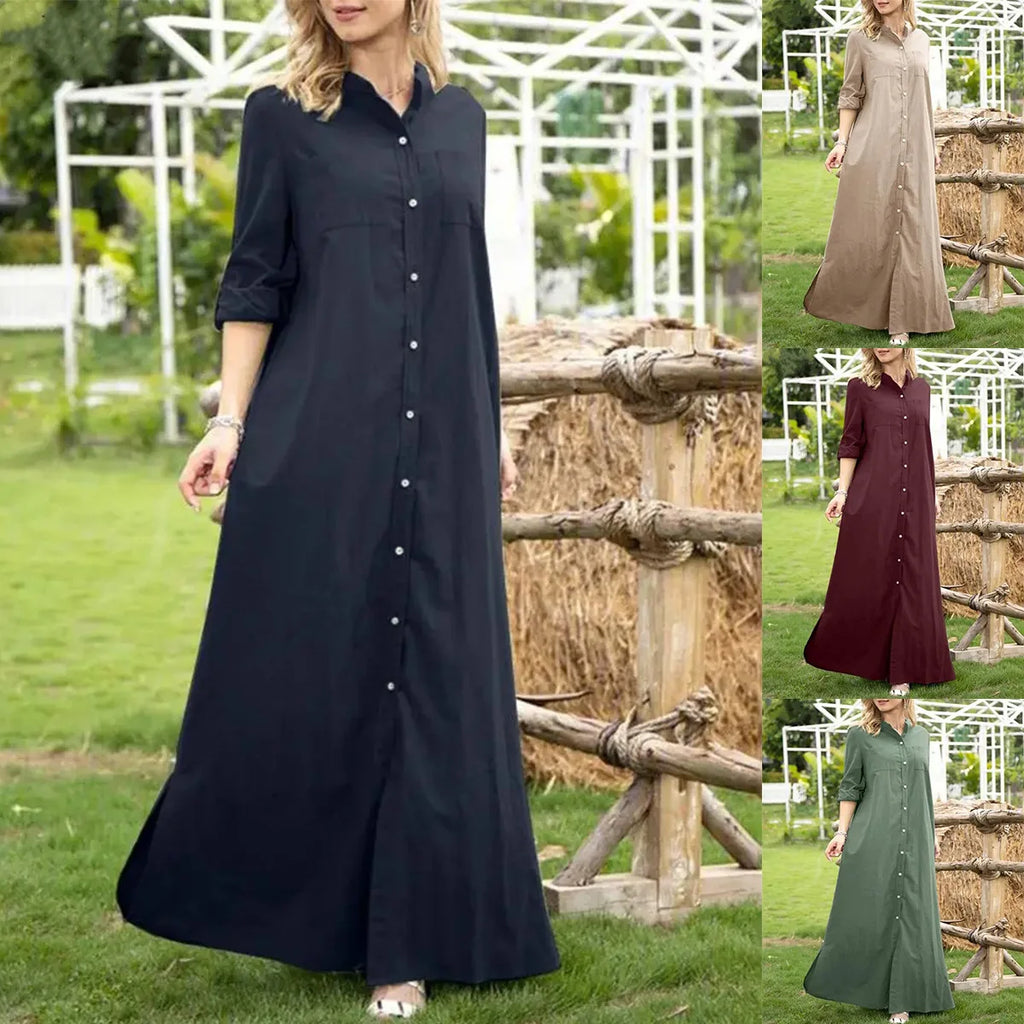 Women Dress 2025 Plain Color Stand Neck Long Sleeve Dresses Women Casual Oversized Loose Maxi Dress Ladies Women Plus Size