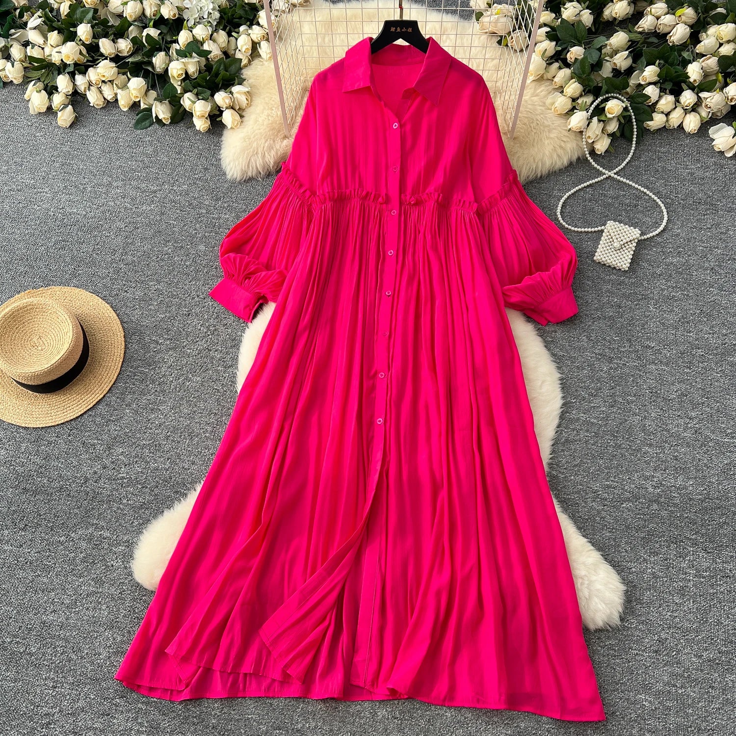 2025 Spring Vintage Slim Shirt Midi Dress For Women Lantern Sleeve Empire Shift Lace Dress