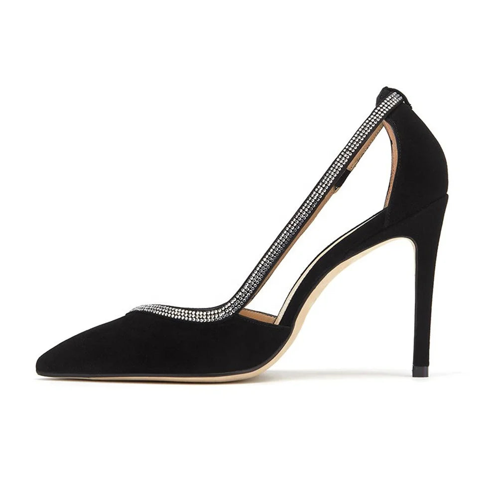 Black Luxury Rhinestone Women High Heels Pointed Toe Side CutoutStiletto Pumps Versatile Elegant Ladies Shoes