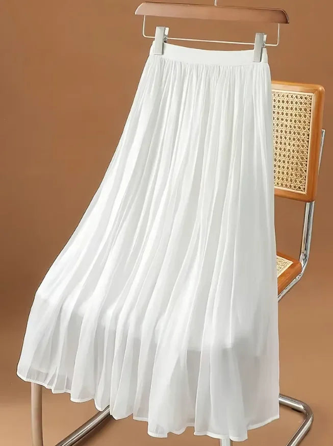 White Pleated Flowy Maxi Skirt High Waist Elastic Waist Skirt