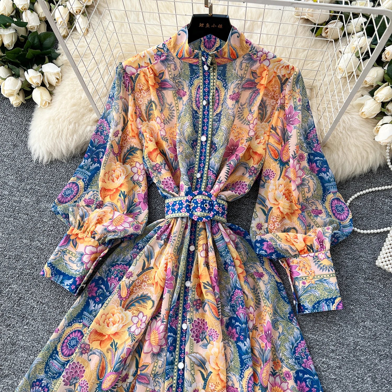 Spring Vintage Stand Collar Tunic Bandage Casual Midi Dress For Women Lantern Sleeve Empire Printed Lace Dress