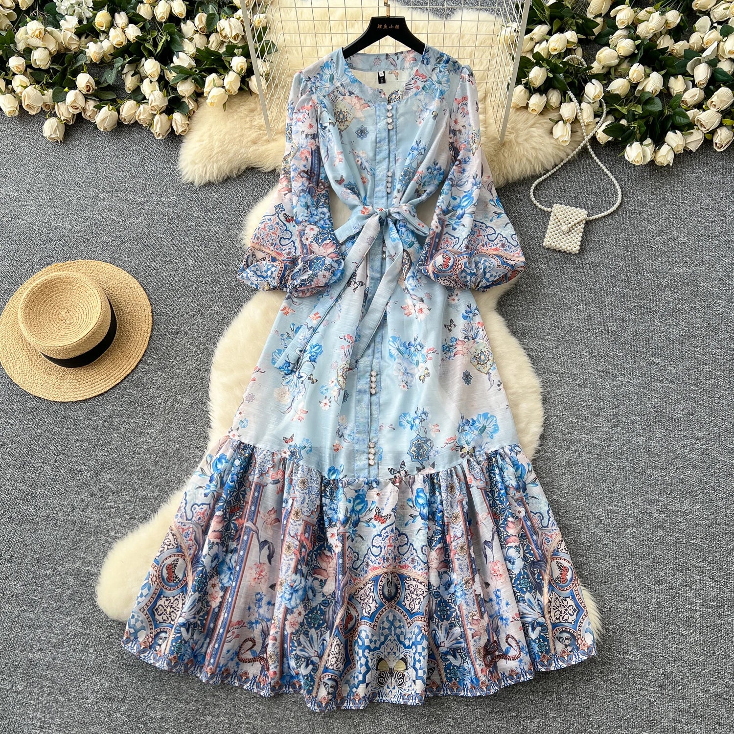 2025 Spring Roman Tunic Slim Bandage Casual Midi Dress For Women Lantern Sleeve Empire Printed Ruffled Lace Dress
