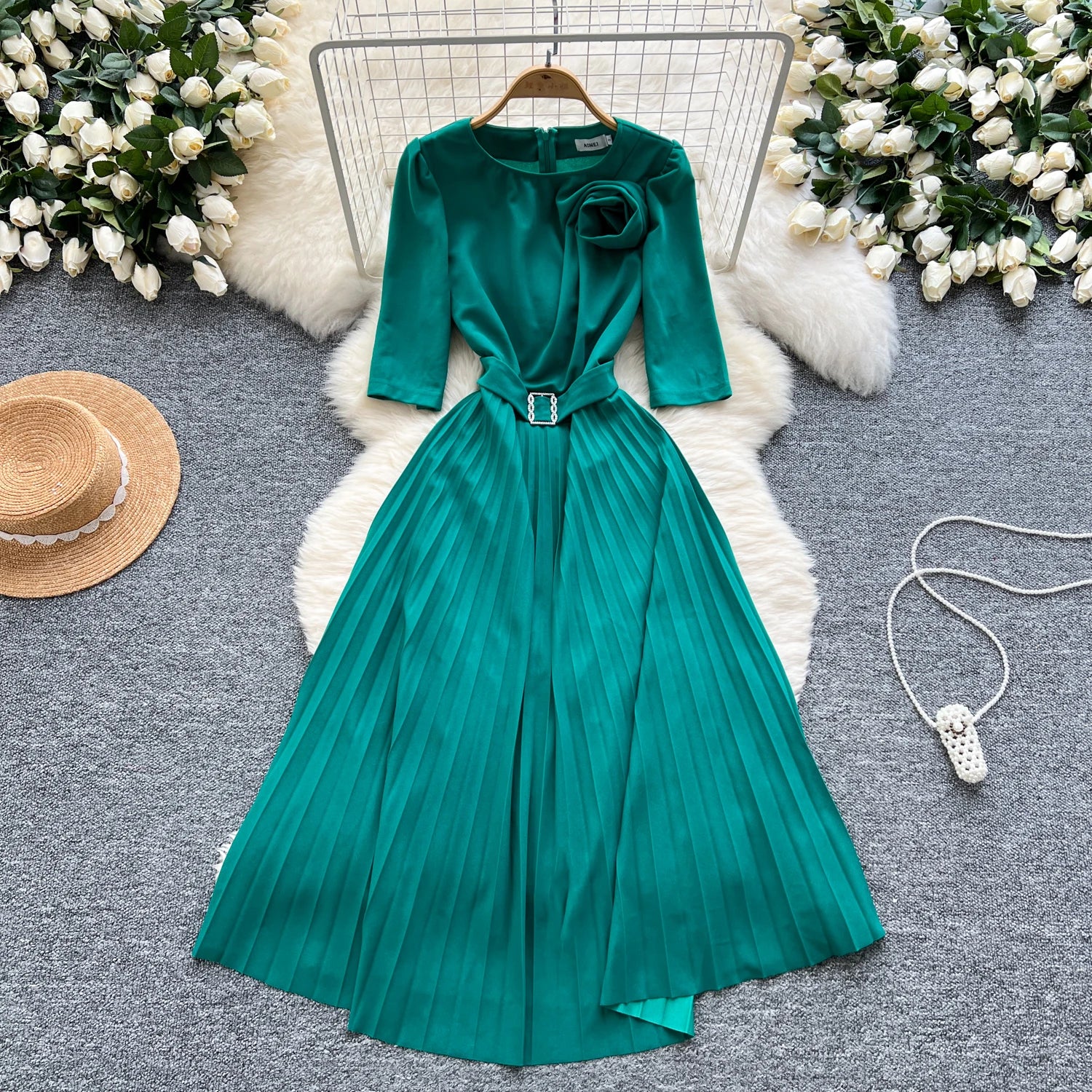 Plus Size Summer Elegant Pleated Midi Dress For Women Empire 3D Lace Vestidos