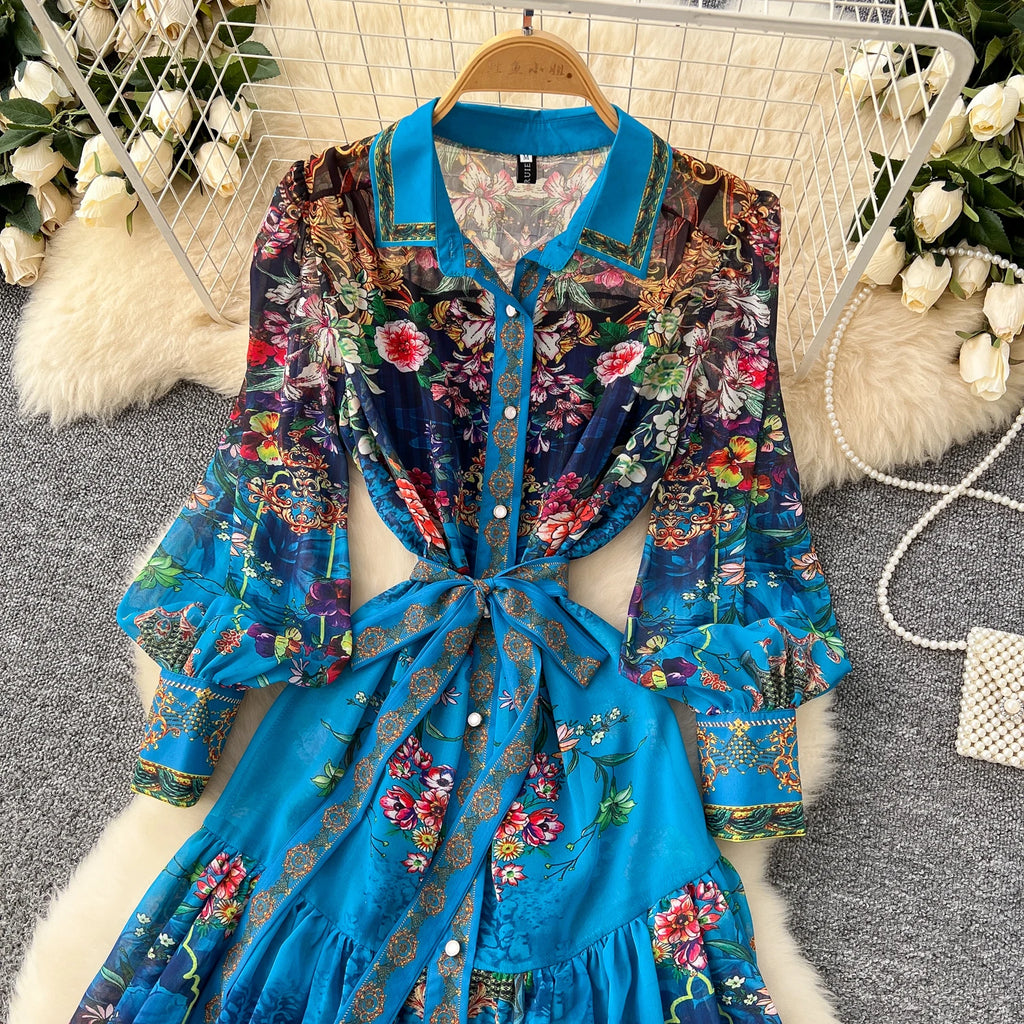 Spring Vintage Tunic Slim Pleated Midi Dress For Women Empire Printed Lace Dress