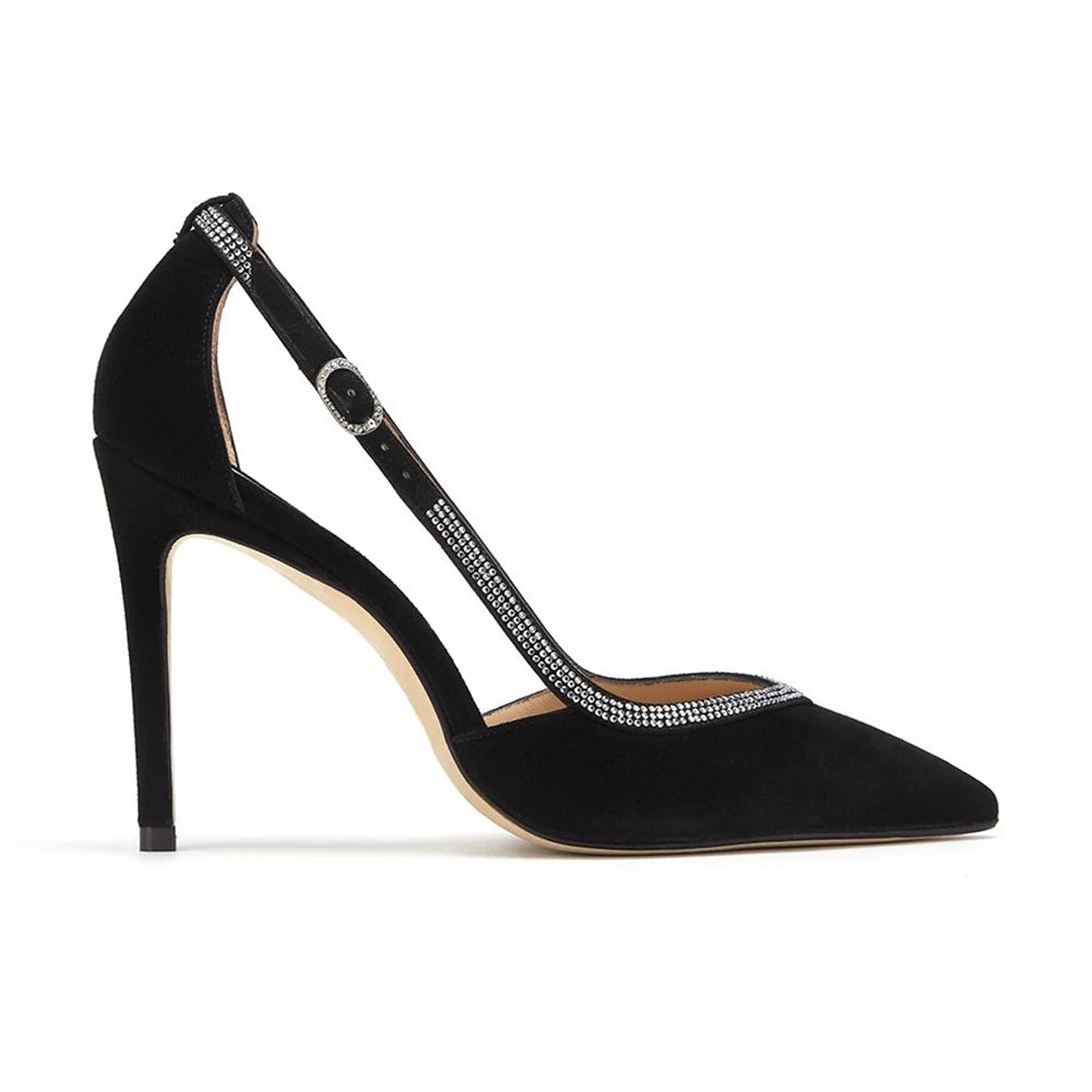 Black Luxury Rhinestone Women High Heels Pointed Toe Side CutoutStiletto Pumps Versatile Elegant Ladies Shoes