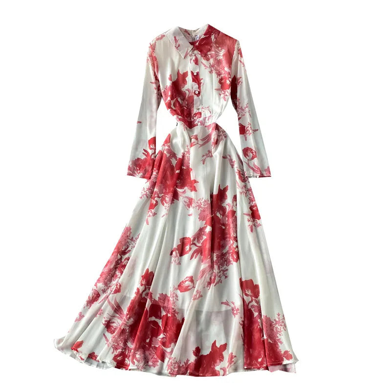 Elegant Big Swing Dress Spring Retro Ink Painting Print Temperament Slim Long Skirt Maxi Dress