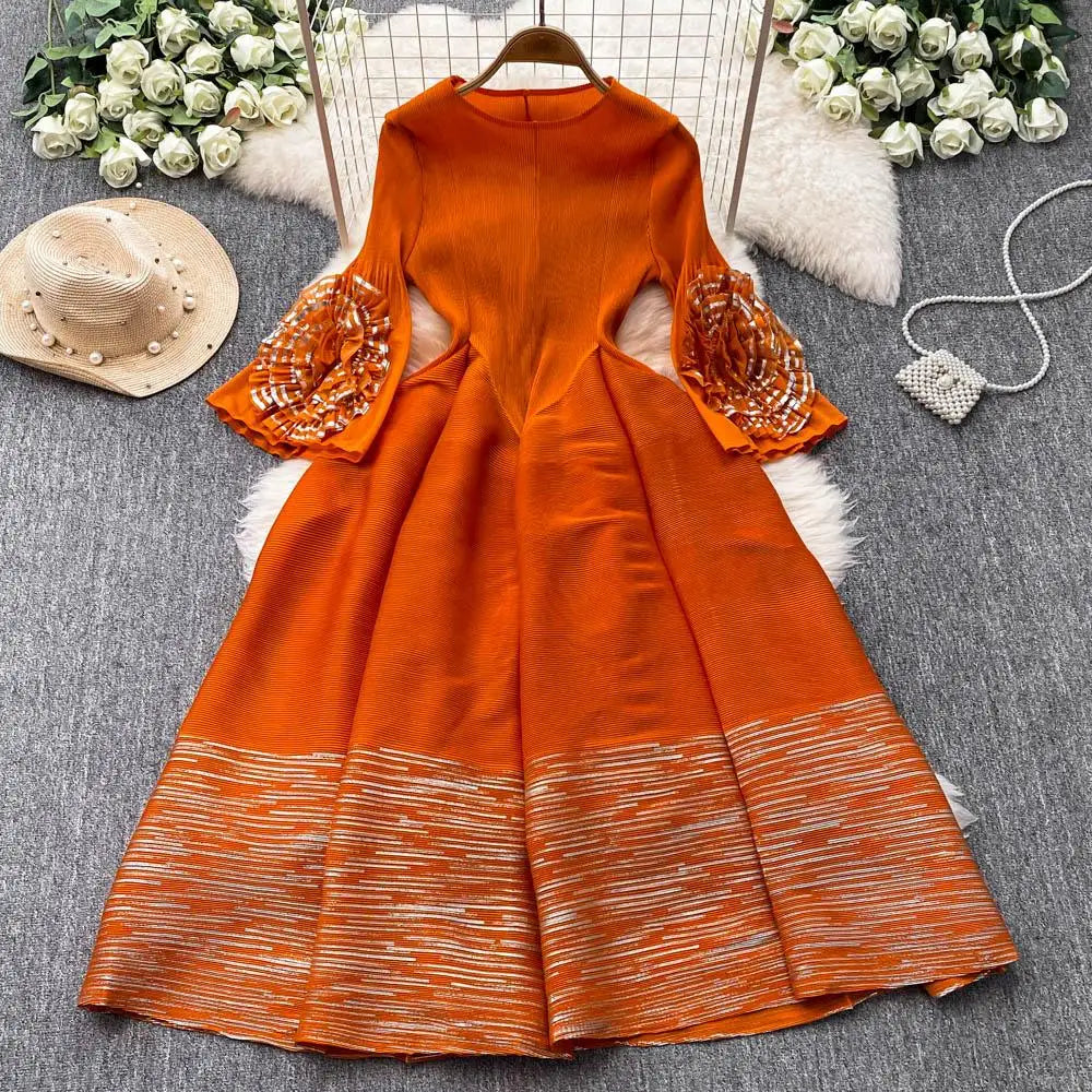 O-Neck Pleated Midi Dress For Women Flare Sleeve Empire Lace Vestidos