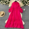 2025 Spring Vintage Slim Shirt Midi Dress For Women Lantern Sleeve Empire Shift Lace Dress
