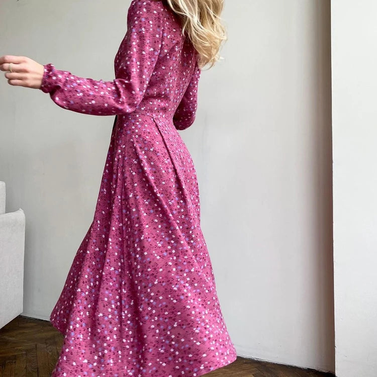 Vestidos Women Elegant Autumn Casual Dresses O Neck Hollow Out Long Sleeve Pink Floral Print Ladies Midi Maxi Dress With Zipper