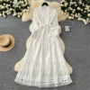 Vintage Tunic Bandage Casual Midi Dress For Women Lantern Sleeve Empire Patchwork Hollow Out Lace Dress