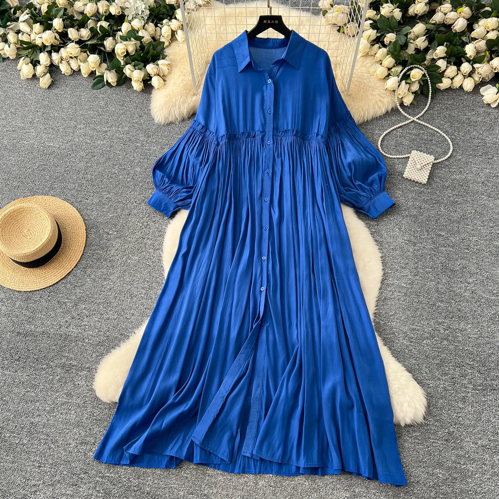 2025 Spring Vintage Slim Shirt Midi Dress For Women Lantern Sleeve Empire Shift Lace Dress