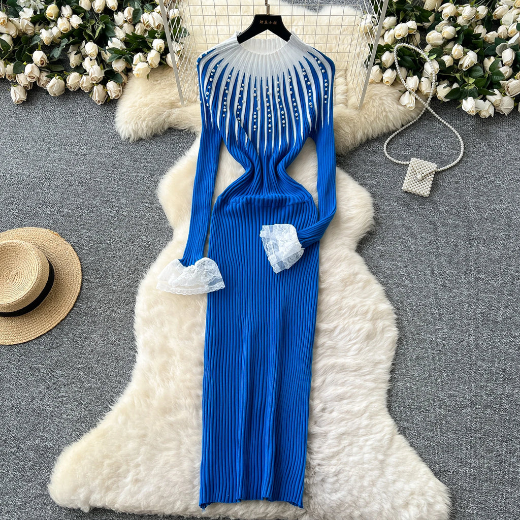 Spring Roman Slim Casual Midi Dress For Women Empire Patchwork Contrast Color Beaded Lace Dress