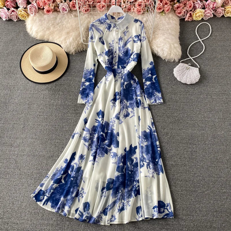 Elegant Big Swing Dress Spring Retro Ink Painting Print Temperament Slim Long Skirt Maxi Dress