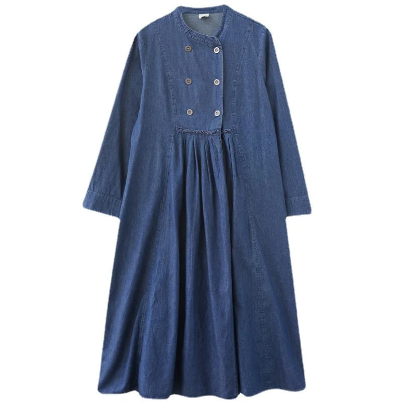 2024 Autumn New Women Dress Fashion Casual Long Loose Waist O-neck Long Sleeve Large Size Loose Double-Breasted Denim Lady Dress
