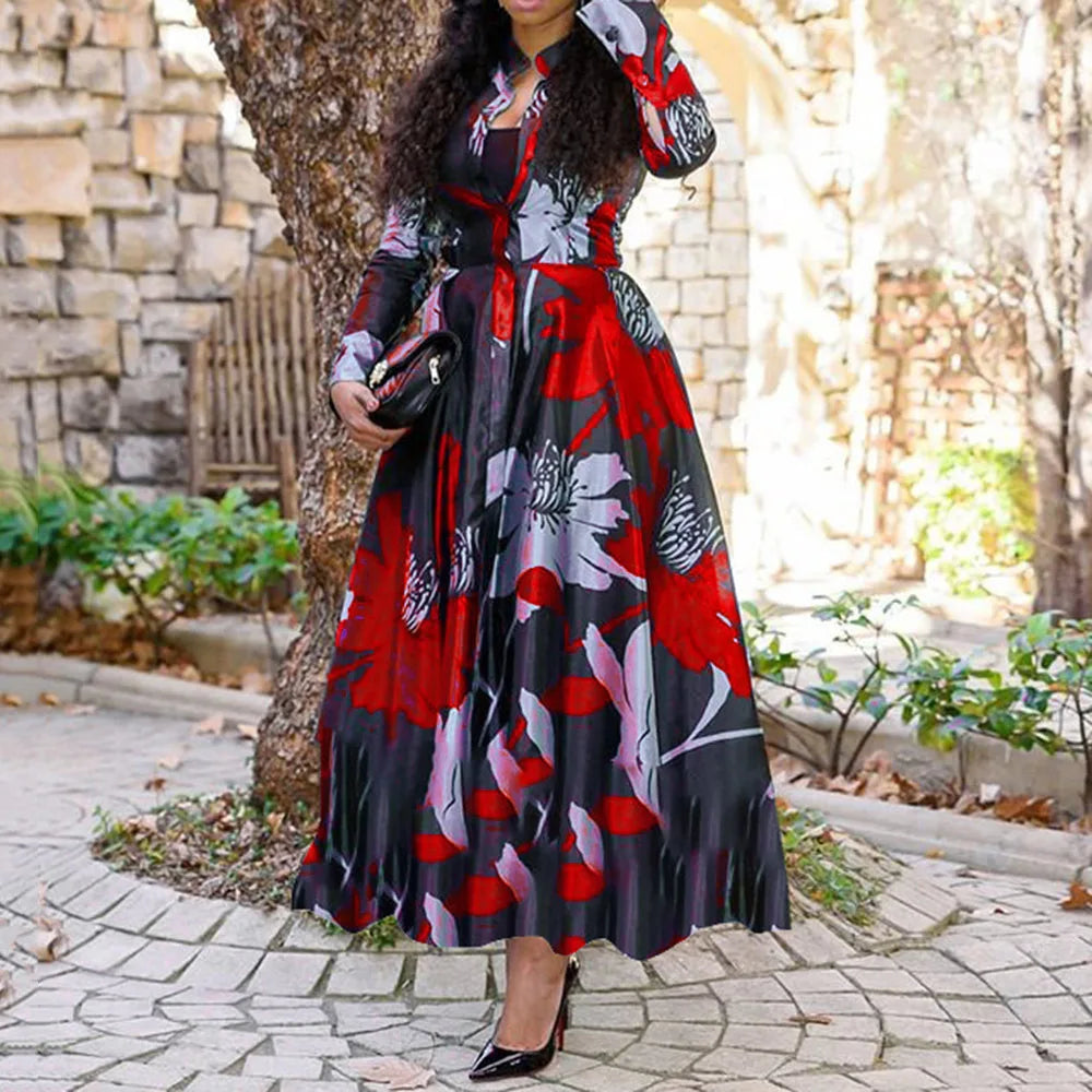 YQY2017 Trendy Summer Dresses Women Casual Long Sleeve A-line Floral Printed Maxi Dress Ladies Office Dresses for Women