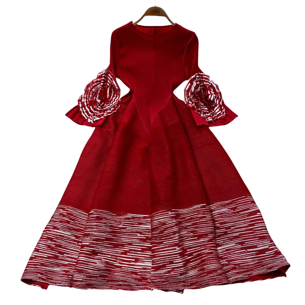 O-Neck Pleated Midi Dress For Women Flare Sleeve Empire Lace Vestidos